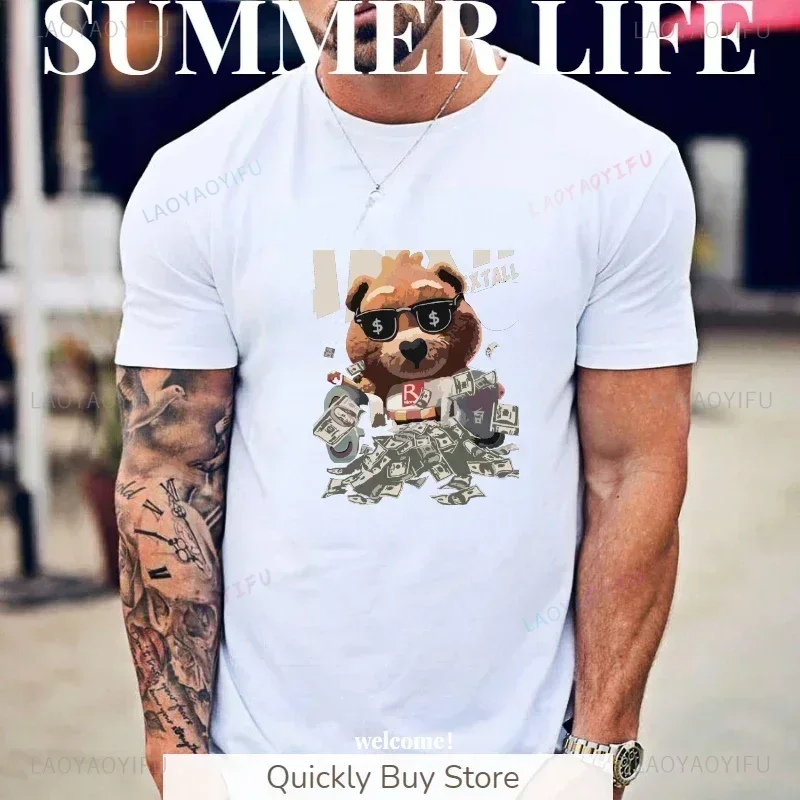 Fashion New Hip Hop Streetwear Patchwork T-shirts Teddy Bear and Rich Money Graphic Print Men T Shirt Summer Letter Print Tops