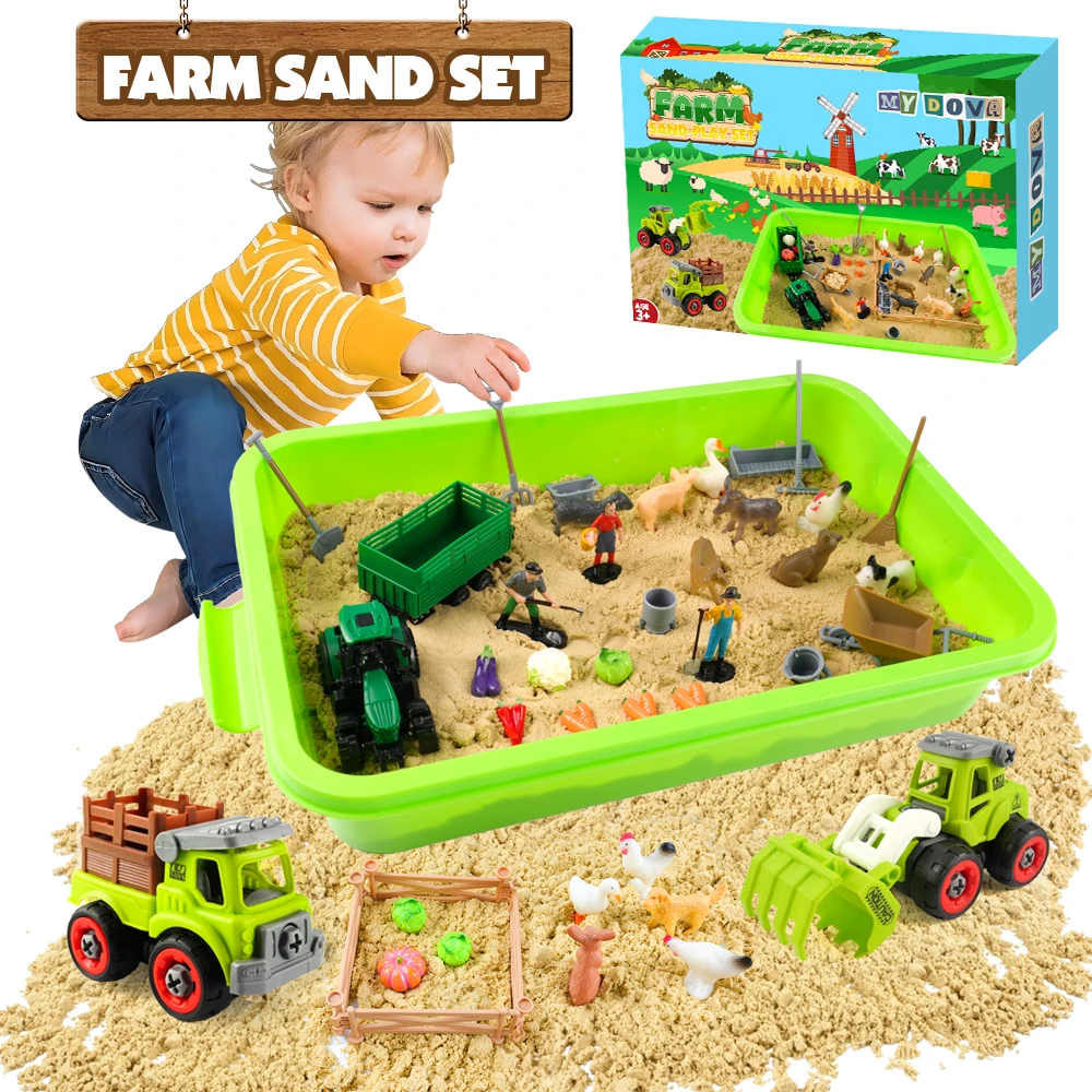 MYDOVA Farm Sensory Bin Toys Playset, Sandboxes with Sand, Farmer Tractor & Farm Animals Figures Toys for Kids 3 4 5, Gifts for