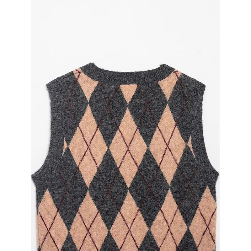 Sweater Vests Women's Autumn 2025 New Diamond Plaid Knit Tops Fashion Slim Short Women's Sweater Chic Youth Pullover Vests