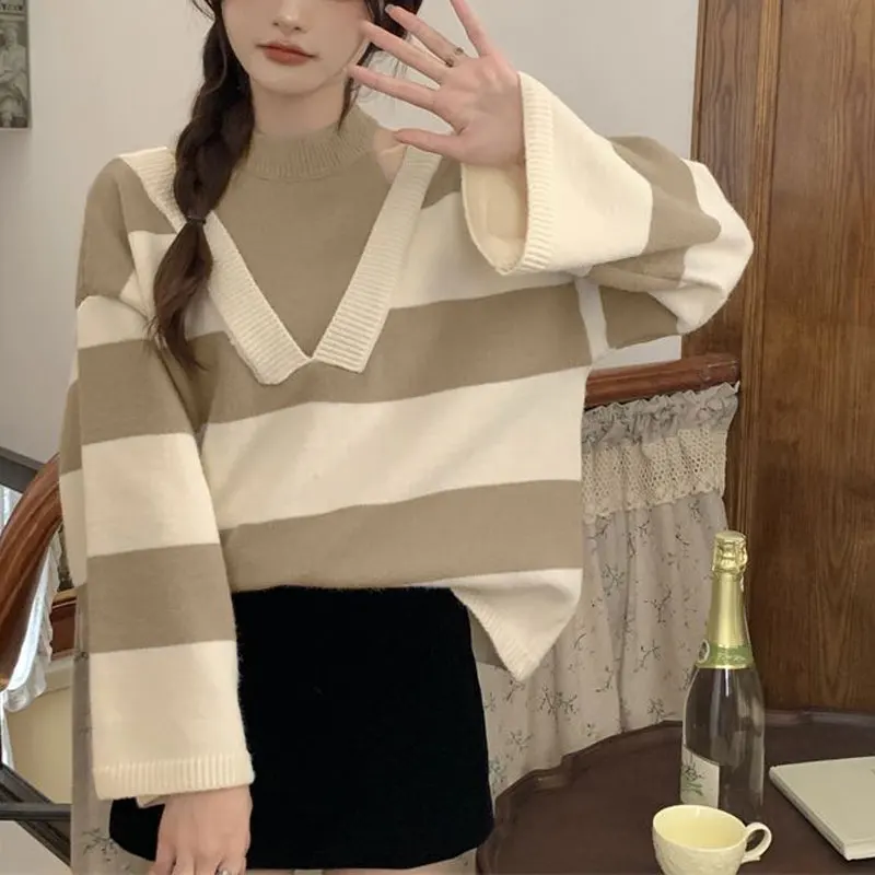 Fake Two Pieces Halter Sweaters Striped Autumn Winter Fashion Off Shoulder Women\'s Clothing Casual Loose Korean Knitted Jumpers