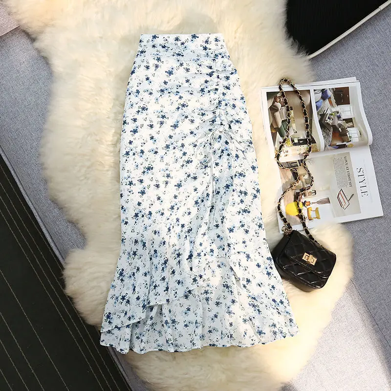 Fashion Floral Irregular Fishtail Skirt Women High Waisted Slim Shirring Loose Lacing Casual All-match Lady Chiffon Skirt