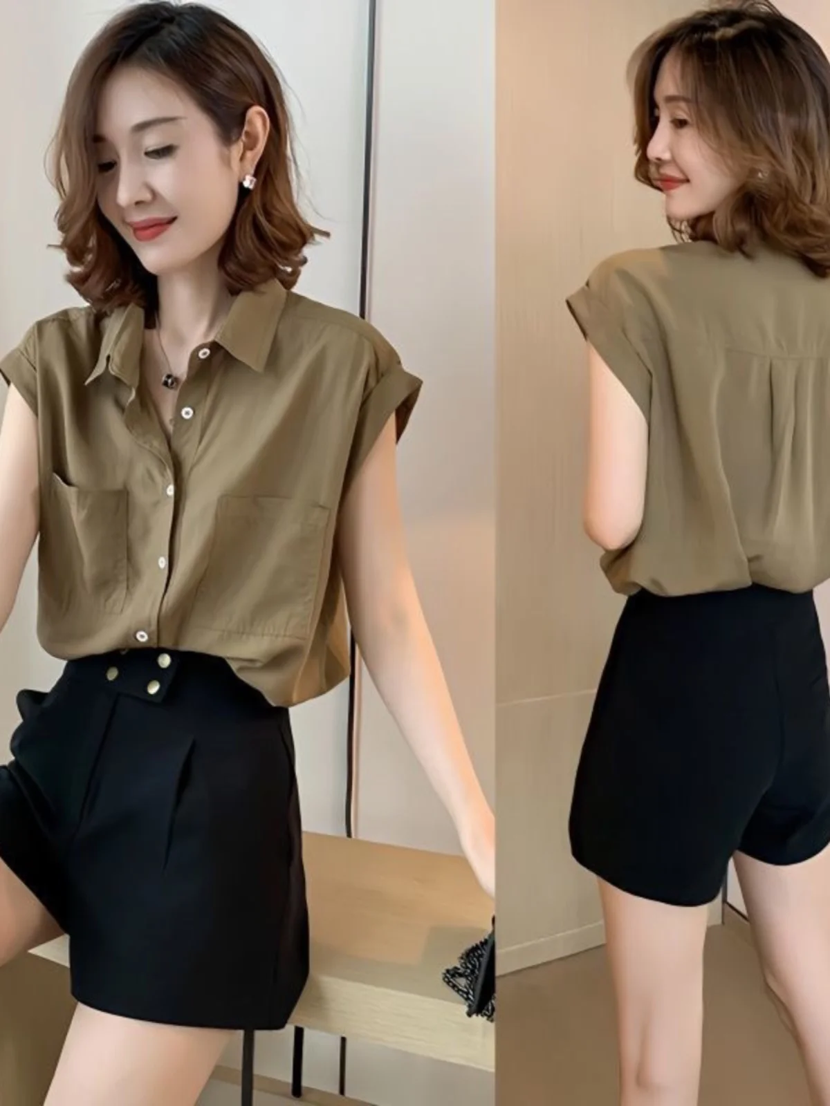 

Women's Cotton Linen irt Summer ort Sve Loose Fit Slimming Top V-Ne Button up Casual Versatile Sle Straight Cut