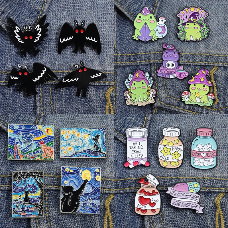 Juego de Pin esmaltado de bruja fantasma, broche Punk, Rana, Calavera, Gato en maceta, pájaro negro, Animal, flor, botella de medicina, insignia, amor, Jesús, joyería