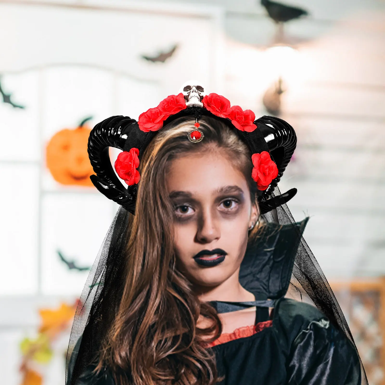 

Повязка на голову с розами и овечьими рожками, забавное украшение для волос в виде рожек для Хэллоуина, костюмированных вечеринок, Дня мертвых, косплея и декора.