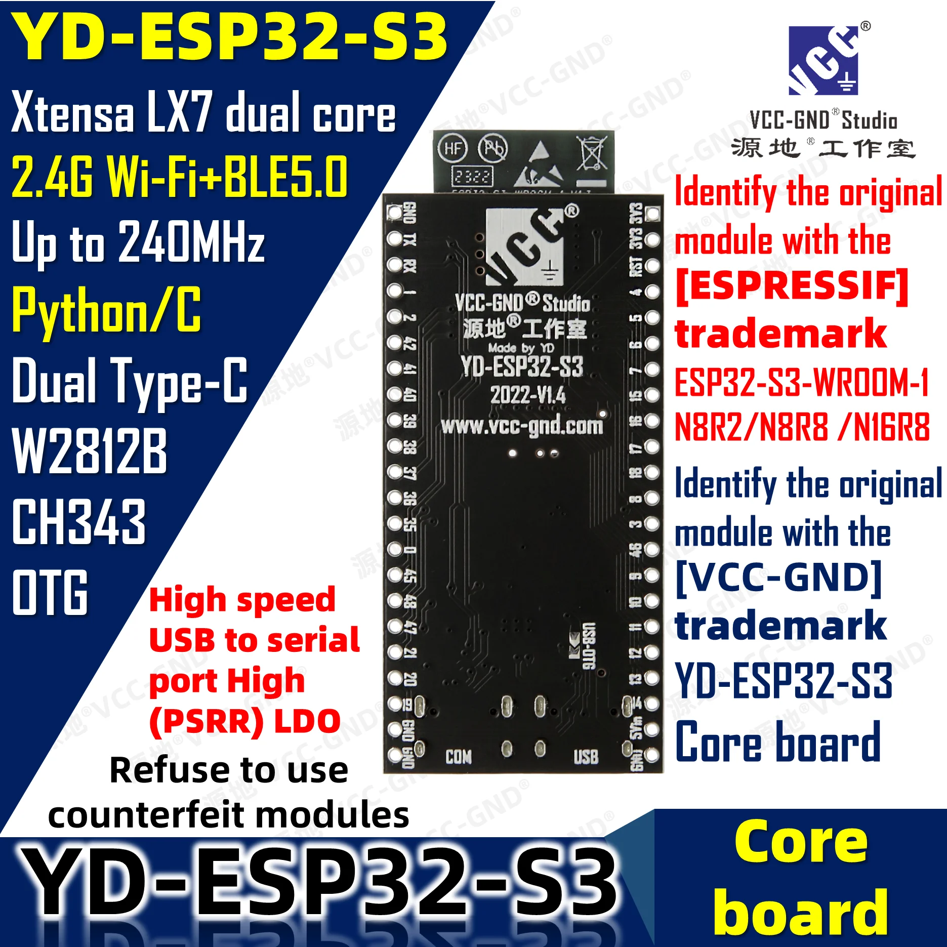 YD-ESP32-S3-N8R2/N8R8/N16R8 ESP32-S3-DevKitC-1 Dual Type-C USB ESP32-S3-WROOM-1-N8R8/N16R8 Micropython ESP32S3 VCC-GND studio