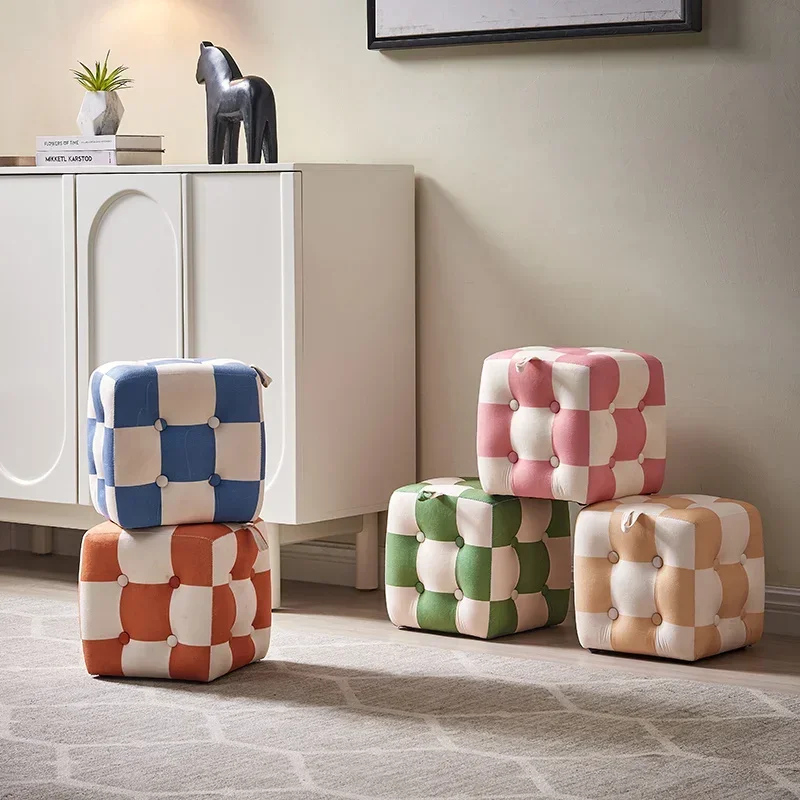 Checkerboard Hallway Ottoman Living Room and Children's Stool with High Elastic Sponge Step Velvet Fabric Pouffe with Storage