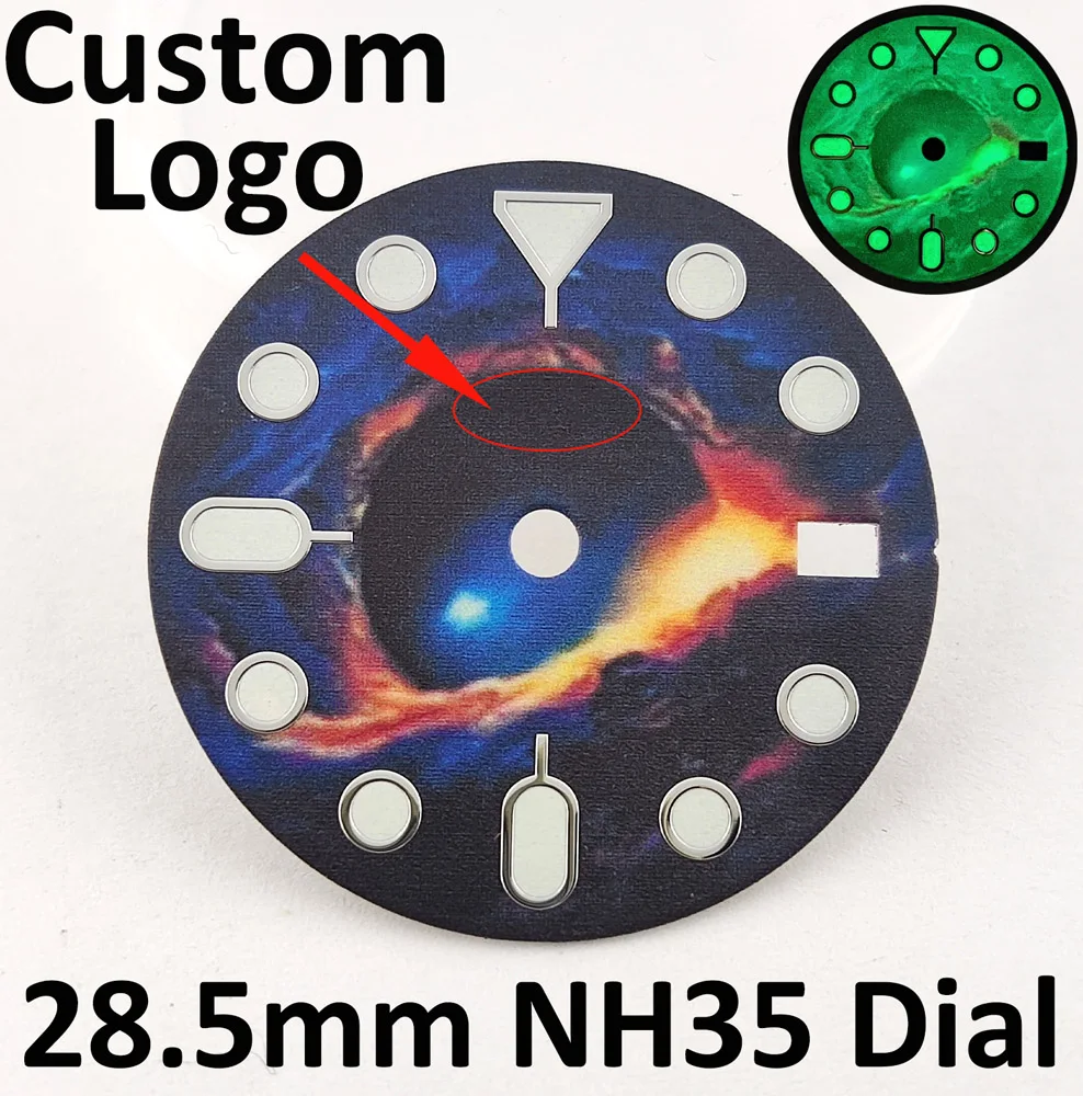 Esfera de reloj de 28,5mm, esfera NH35, esfera NH36, esfera colorida, Esfera luminosa completa, logotipo personalizado DIY adecuado para movimiento NH35/36