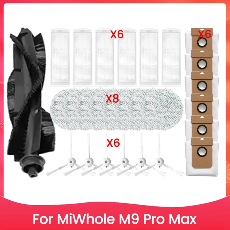 

For Miwhole M9 Pro Max Formiwhole M9 Pro Max Main Roller Side Brush Hepa Filter Mop Cloth Dust Bag Accessories