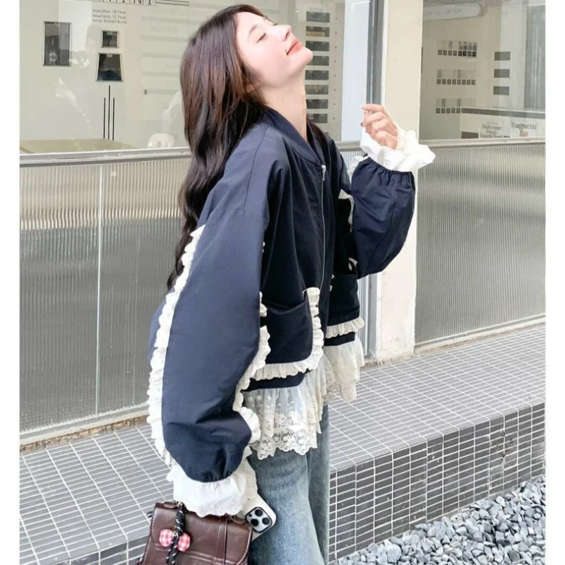 Age Reduction Simple Temperament Extra Large Size Korean Splicing Lace Edge Coating Fat Sister 140kg Loose Design Cardigan Top