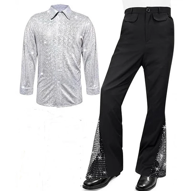 Spring Autumn Men's Costume Shiny Shirt And Flared Pants Two Piece Set Halloween Costume Adult Outfit Male Clothing