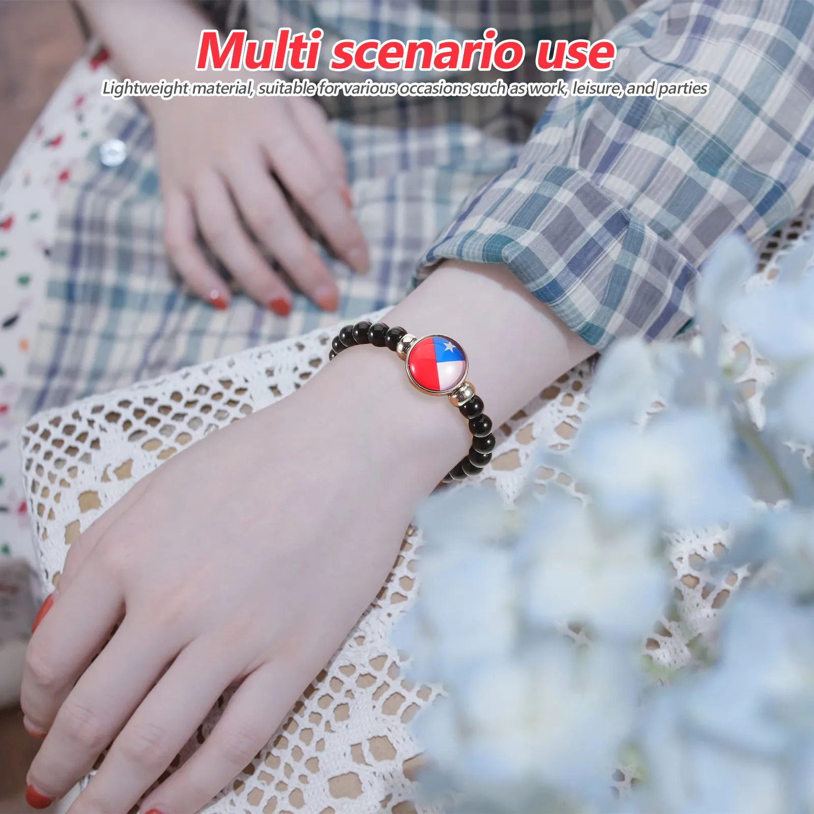 5Pcs International Style Bracelets Chic Chile Flag Wristlet Black Beads Natural Stone Jewelry for National Day Patriotic