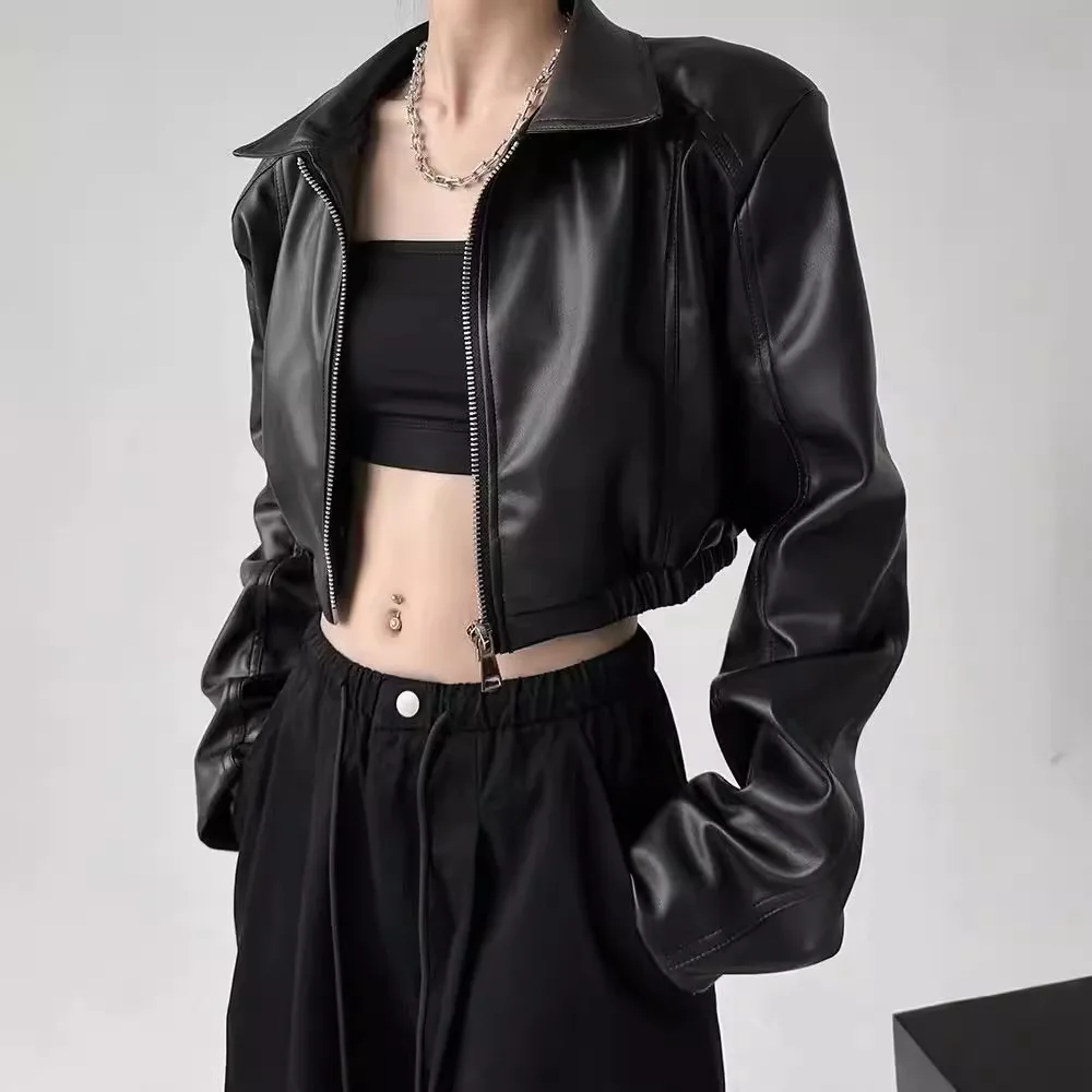 Jackets PU Leather Women Black Lapel Long Sleeve Crop Coats American Retro Streetwear Zipper Fashion Casual Female Outerwear