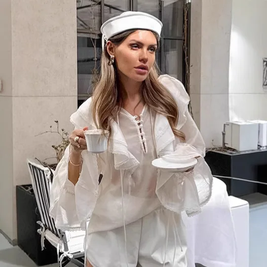 الأبيض الدانتيل يصل الخريف قميص نسائي الخامس الرقبة أزرار خاطفة مضيئة كم الإناث بلوزة التنقل تنوعا عادية مكتب سيدة قميص