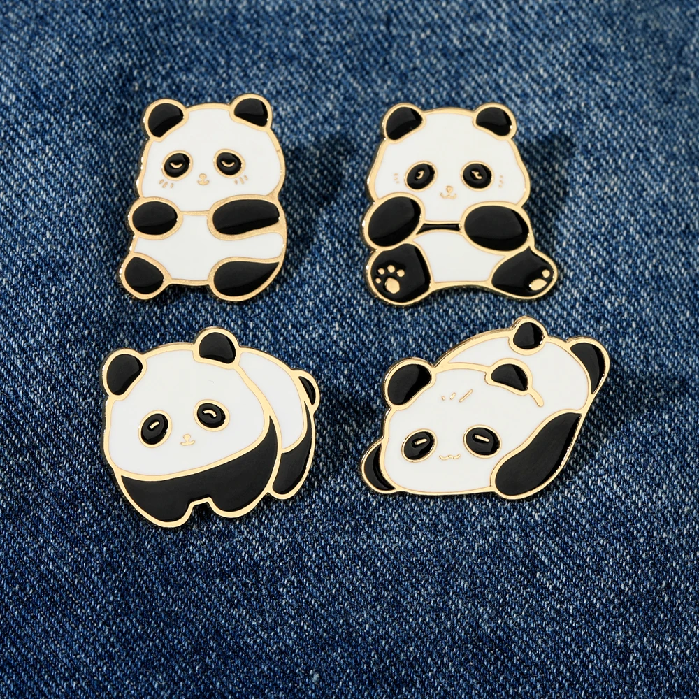 4Styles Cute Panda Theme Enamel Brooches Cartoon Playing Animal Golden Lapel Pins For Girls Bag Backpack Dress Badge Accessories