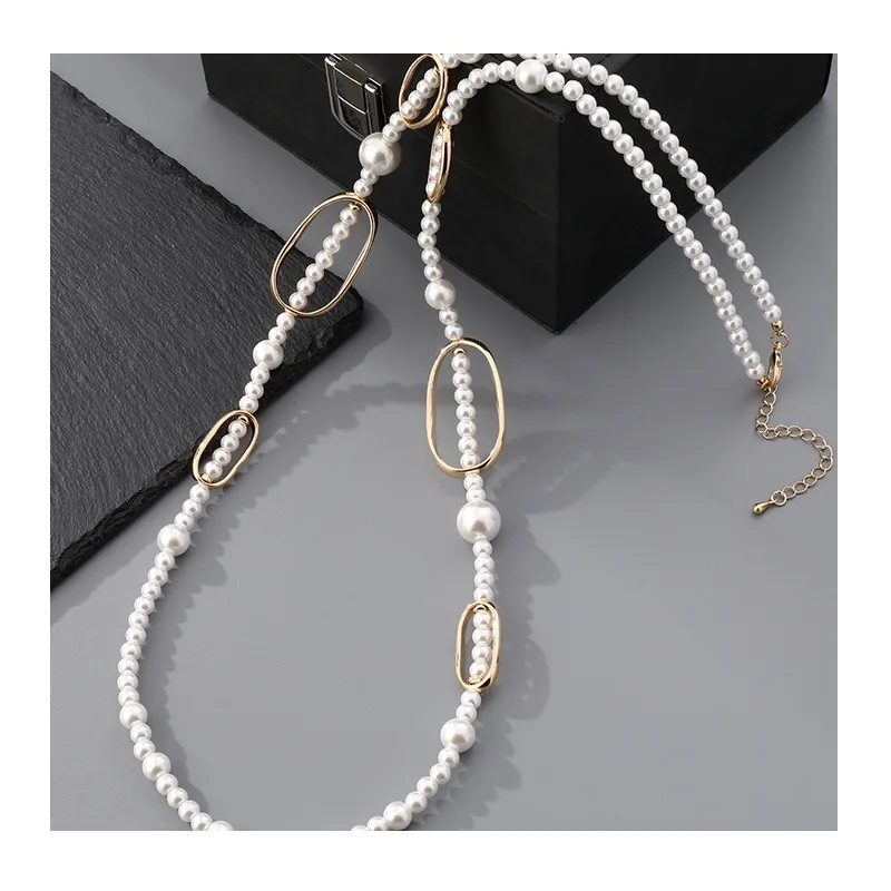 

Light Luxury Pearl Sweater Chain Long Style Geometric Oval Necklace Simple and Versatile High-end Neck Chain Women