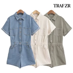 TRAF ZR Denim Playsuit Lapel Collar Shourt Rolled-up Sleeve Women Rompers Front Metal Buttons Back Elastic Waistband One Pieces