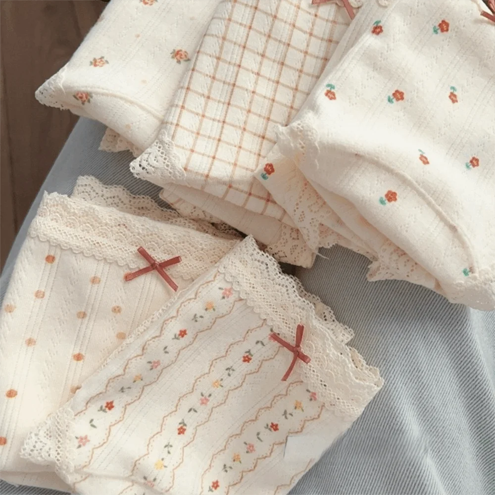 Lingerie Bow Floral Cotton Panties Stripe Grid Underwear for Women Mid Waist Polka Dot Sweet Flower Briefs Girl