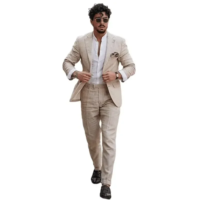 Casual Beige Linen Men Suits Single Breasted Slim Fit Notch Lapel Blazer with Pants High Quality 2 Piece Wedding Costume Homme f