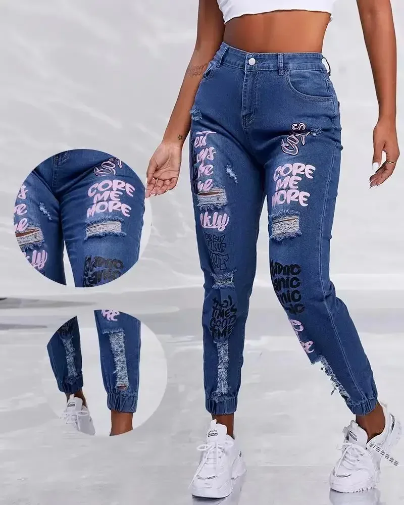 Letter Print Elastic Leg Pencil Jeans Women Ankle Length Ripped Holes Denim Pants Pockets Washing Slim Zipper Spring Flat Jeans