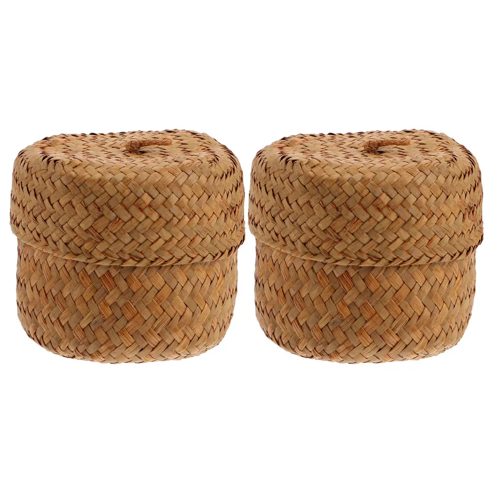 

2pcs Seagrass Basket Woven Flower Box Lidded Bin Lightweight Reusable Home Kitchen Decor Storage Organizer Straw Container