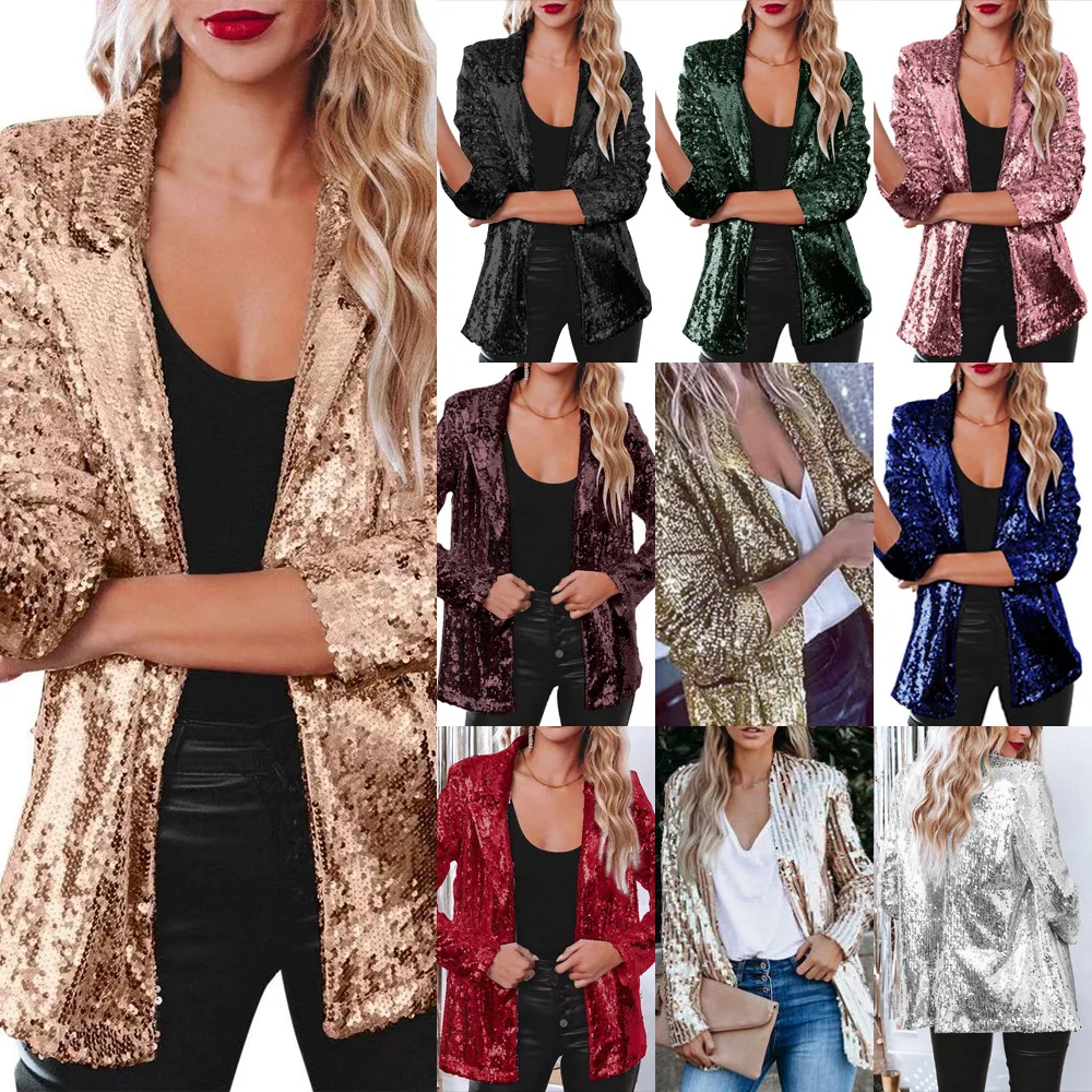 2026 Women's Jackets Women Clothes Jacket Casual Sequined Top Multi-Colored Sequined Long-Sleeve Elegant Blazer