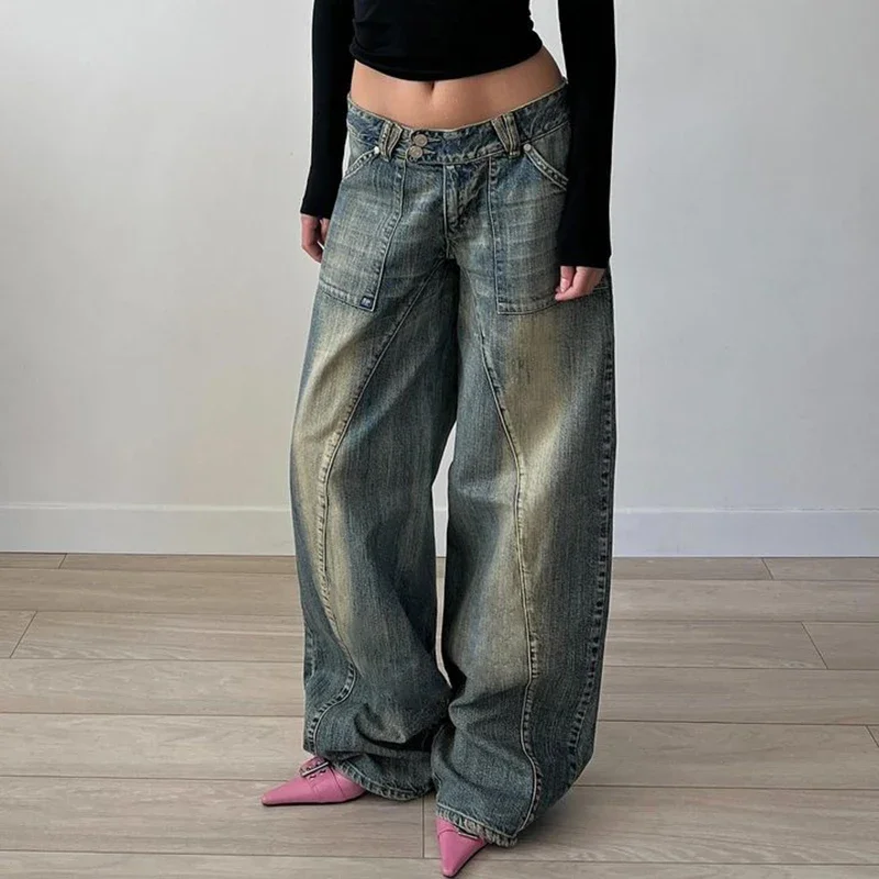 Grunge 2000s Low Rise Loose Denim Pants Vintage Street Style Oversized Jeans y2k Aesthetic Korean Fashion Mom Jeans Lady