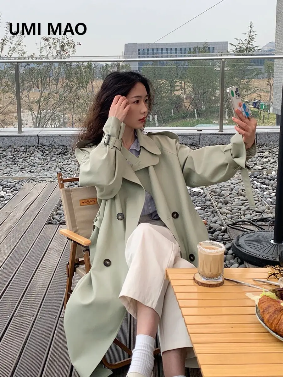 

UMI MAO Trench Coat Female Spring Autumn New Korean Style Mid-Length Petite Trendy Elegant Coat Femme
