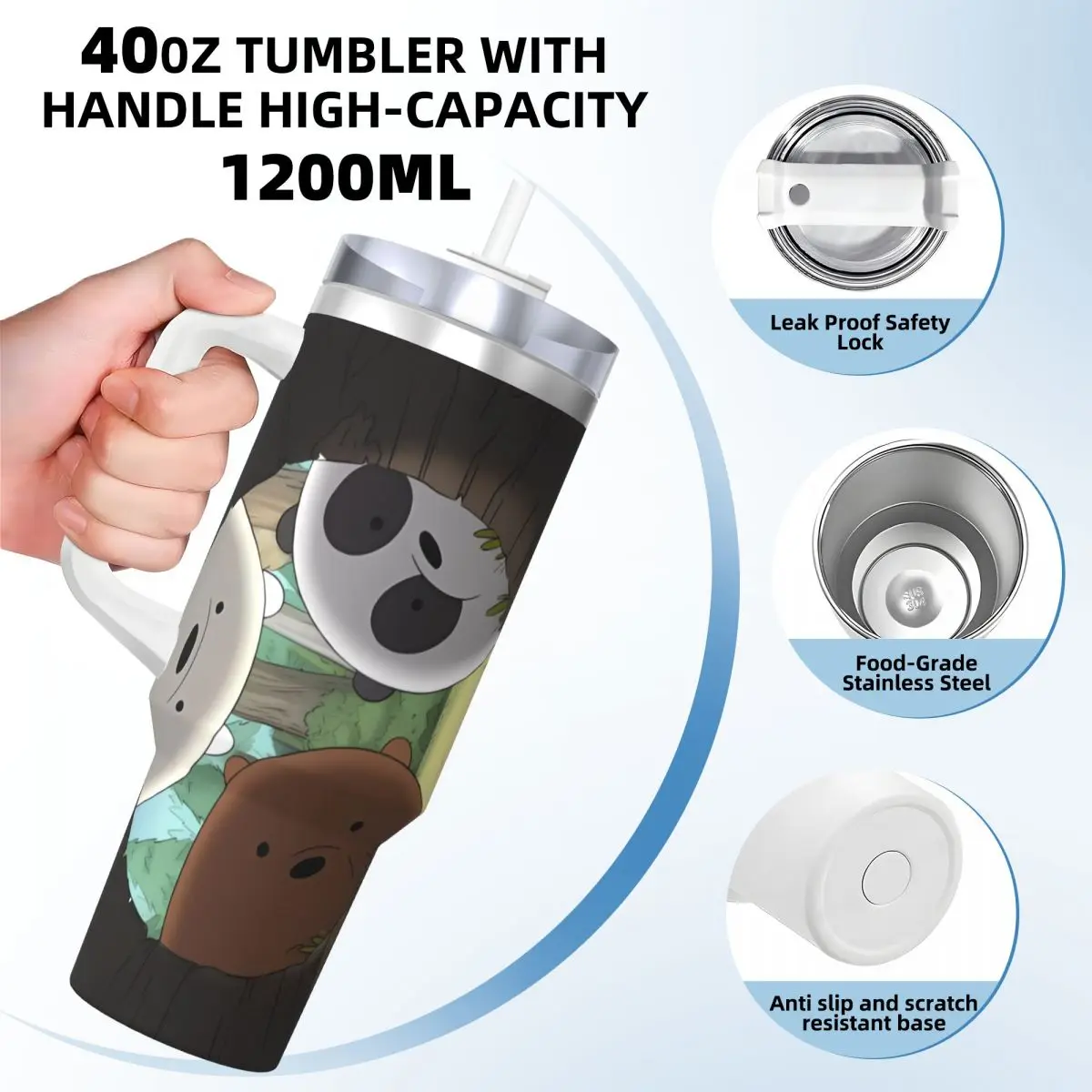 Stainless Steel Tumbler We Bare Bears Big Faces Car Mugs With Straw Travelist Cold Drink Water Bottle Large Capacity Thermal Cup