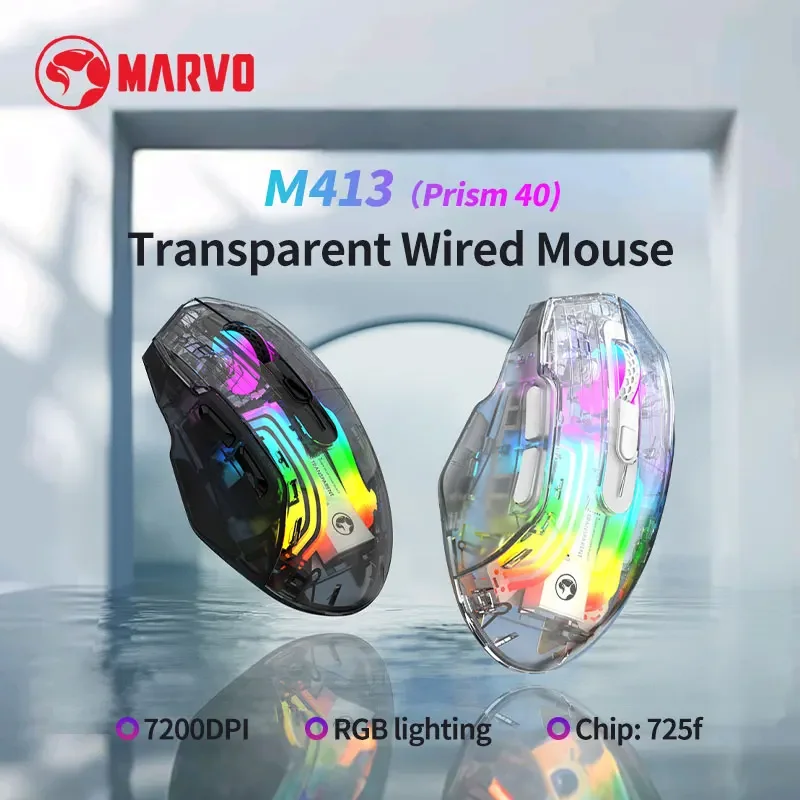 Игровая прозрачная мышь MARVO M413 Prism 40, проводная мышь с RGB-подсветкой, 6 кнопок, регулируемая мышь с разрешением для ПК/ноутбуков/компьютеров