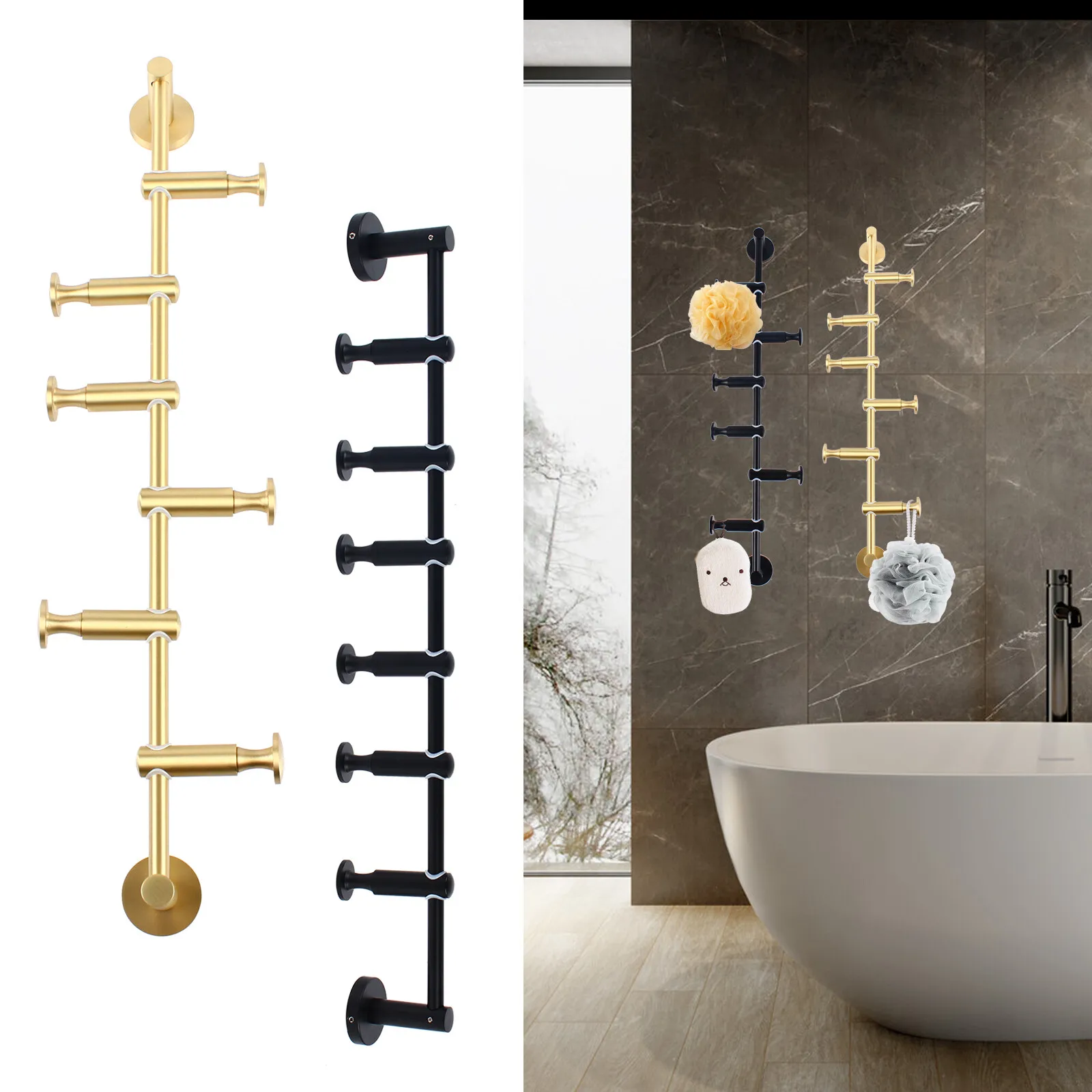 

6 Hooks Solid Brass Coat Rack - Scandinavian Style, No-Hole Wall Hanging Design, Suitable for Entryway, Living Room, Bedroom, Li