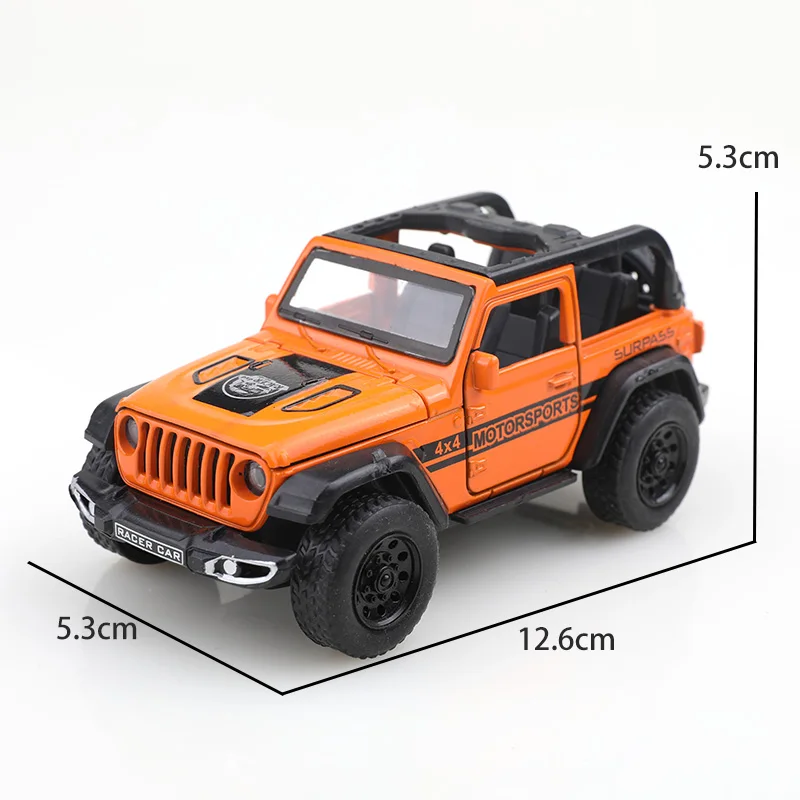 รถออฟโรดแบบเปิดประทุน (แบบมีถุง) ขนาด 1/36 รุ่น Wrangler ผลิตจากโลหะหล่อขึ้นรูป ของเล่นเด็กผู้ชาย เปิดประตูได้สี่บาน ฟังก์ชั่นดึงหลังเคลื่อนที่ได้