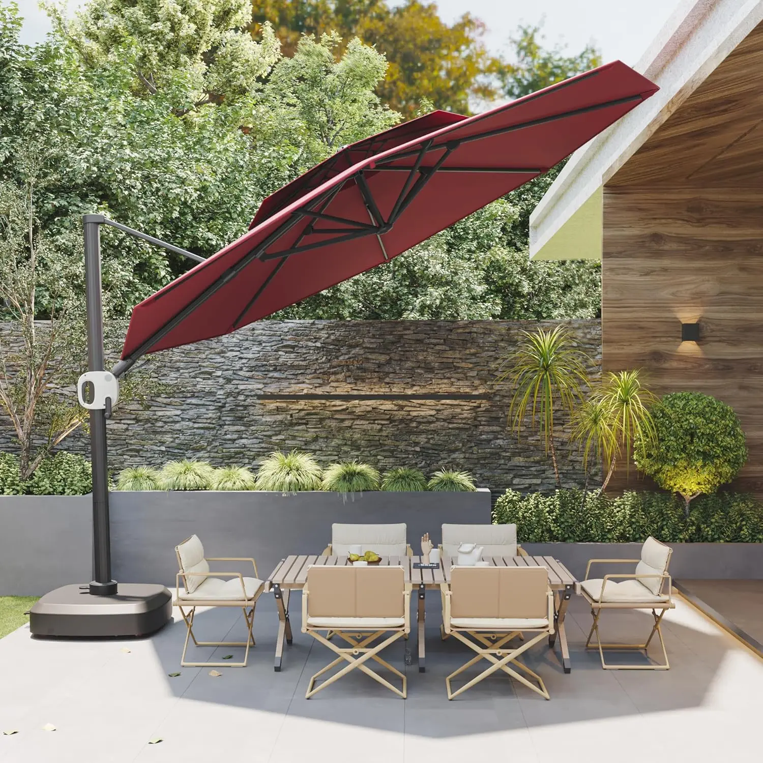 OAK and Flame&Shade Patio Umbrella, 11ft Round Outdoor Umbrella, Large Offset Cantilever Umbrella with 360° Rotation, Heavy