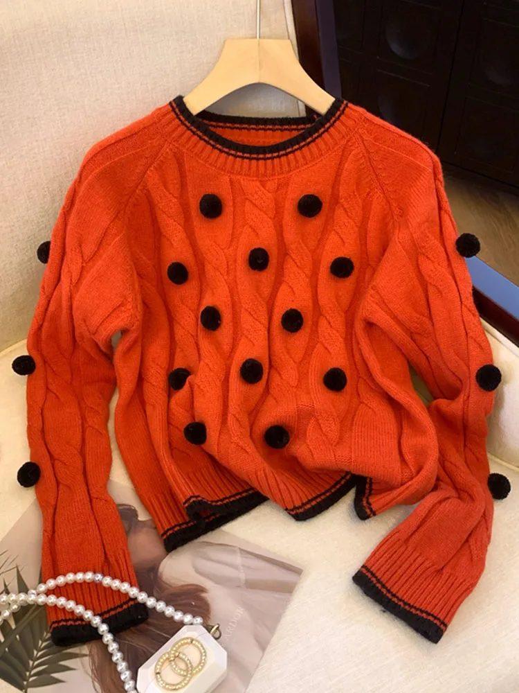 

2023 Autumn Winter Harajuku Full Sleeves Hairball Jumpers Women Fashion Casual Soft Sweaters Chic O-Neck Pullovers Streetwear