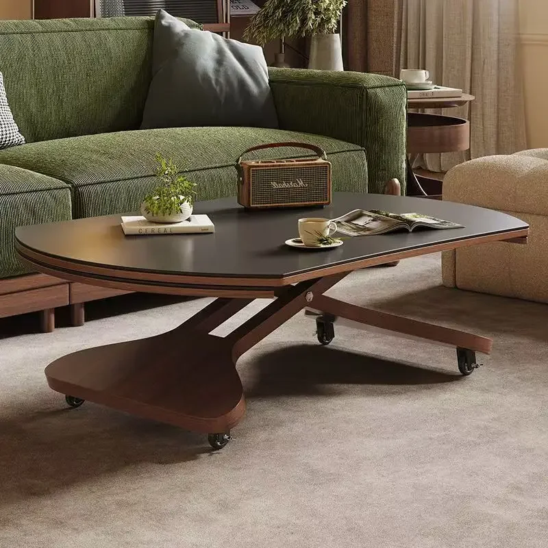 Solid wood rock slab lifting mobile coffee table dining table dual-purpose integrated living room household multi-function