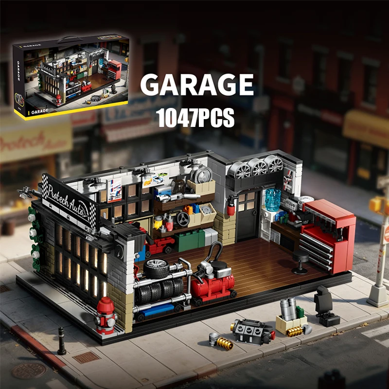 City Retro Repair Garage Building Blocks Technical American Car Repair Shop Desktop Ornament Bricks Construction Toys Birth Gift