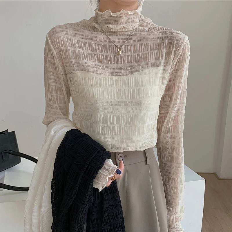 Fall Winter New Women's Fashion Bubble Lace Bottoming Shirt Comfortable Casual Temperament Within Mesh Half-High Neck Blouse