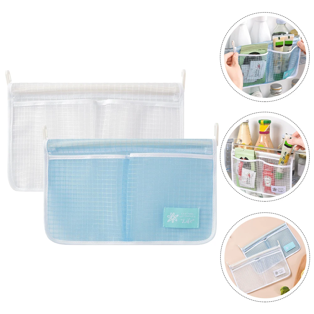 

2pcs Double Layer Hanging Storage Bags Fridge Door ganizer Mesh Kitchen White Blue Reusable PP Material Solution