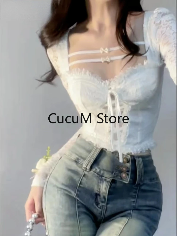 Sexy Crop Tops Slim Fit Lace Blouses for Women Temperament Shirts Bandage Fashion White Y2k Blouse White Cltohing 2023 Summer