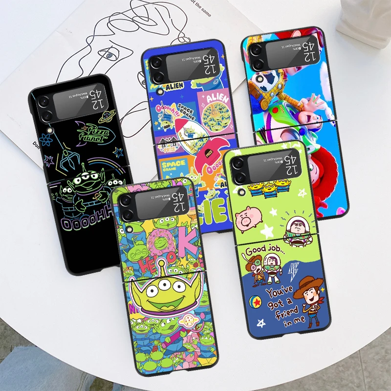 Case For Samsung Galaxy Z Flip 3 4 5G Black Hard PC Anti-knock Back Luxury Phone Cover Flip3 Flip4 Shell Toy Story Alien Buzz