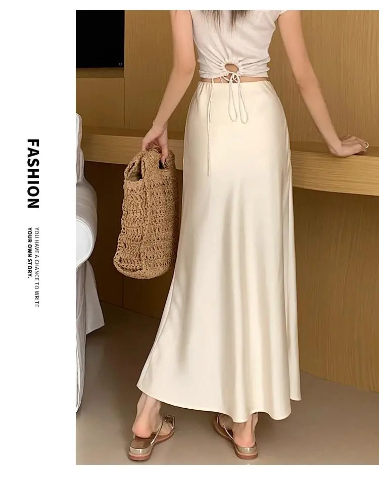 Acetic Satin Fishtail Skirt Woman Korean Fashion Elastic High Waist Skirts for Women Spring/Summer 2024 New Chic Lady Skirts