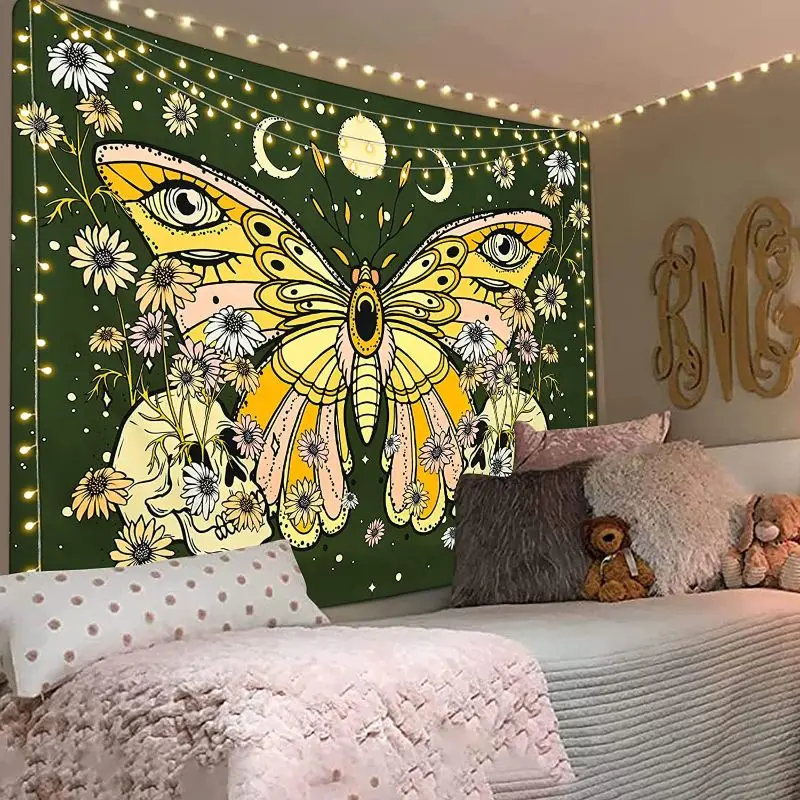 VIKAMA Fluorescent Tree of Life Skull Tapestry, Psychedelic Mushroom Mountain Wall Hanging, Aesthetic Dorm Esports Room Decor