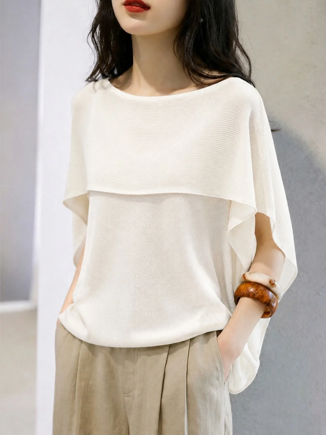 

Summer 2026 Ice Silk Knitted Top Comfortable Loose Casual Pure Color Lazy Style Sun Protection Women's Fashion Commuting Clothes