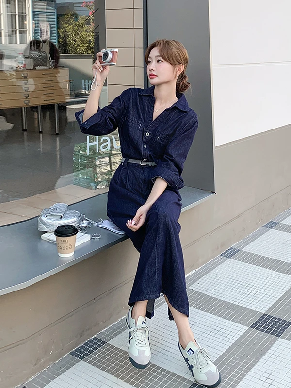 Gonna Lunga in Denim a Vita Alta con Scollo a V per Donna, Primavera Autunno 2025, Nuovo Modello Blu Super Lungo Casual