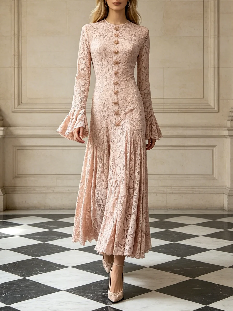 TWOTWINSTYLE Solid Lace Flower Button Decor Dress for Women Round Neck Long Flare Sleeve Patchwork Lace Slim Fit Gown Female New