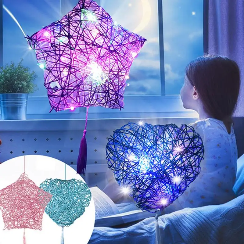 Linternas de Arte de cuerda de Three-Dimensional3D para niñas, juguetes de linterna redonda de estrella de corazón con bombillas LED, artes y manualidades