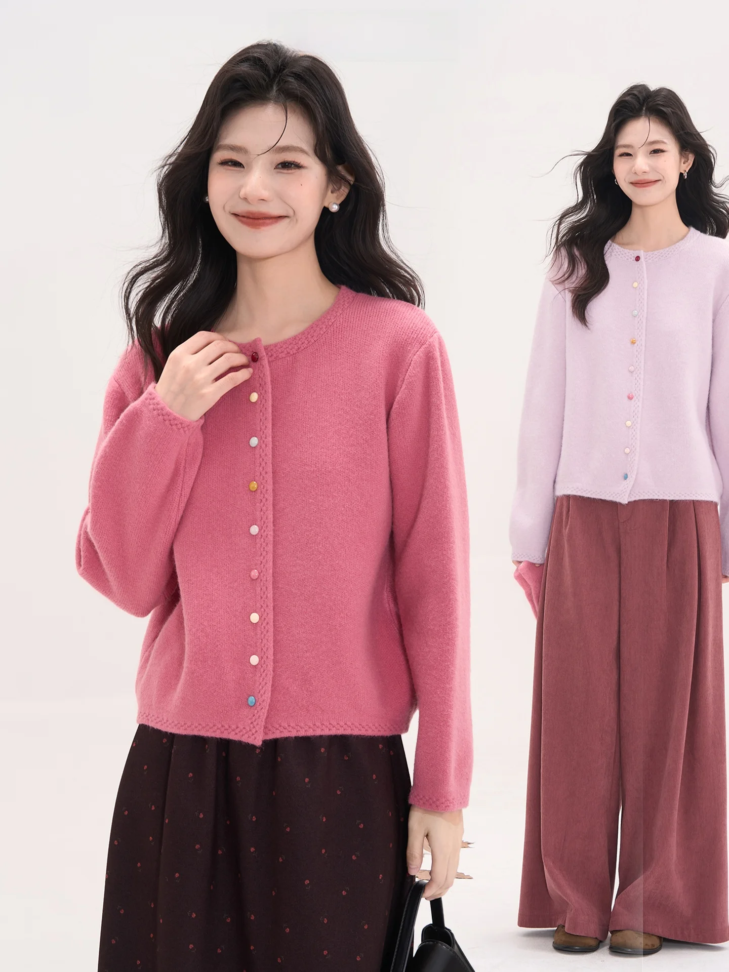 

Heme Knitted round Ne Sweater Women's Autumn Winter Soft Cardigan Top Button Loose Fit Long Sve Pure Color