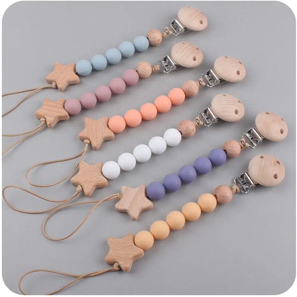 Pacifier Clips Chain Silicone Beads BPA Free DIY Dummy Clip Holder Star Wooden Clip Soother Chains Baby Teething Toys Chew Gifts