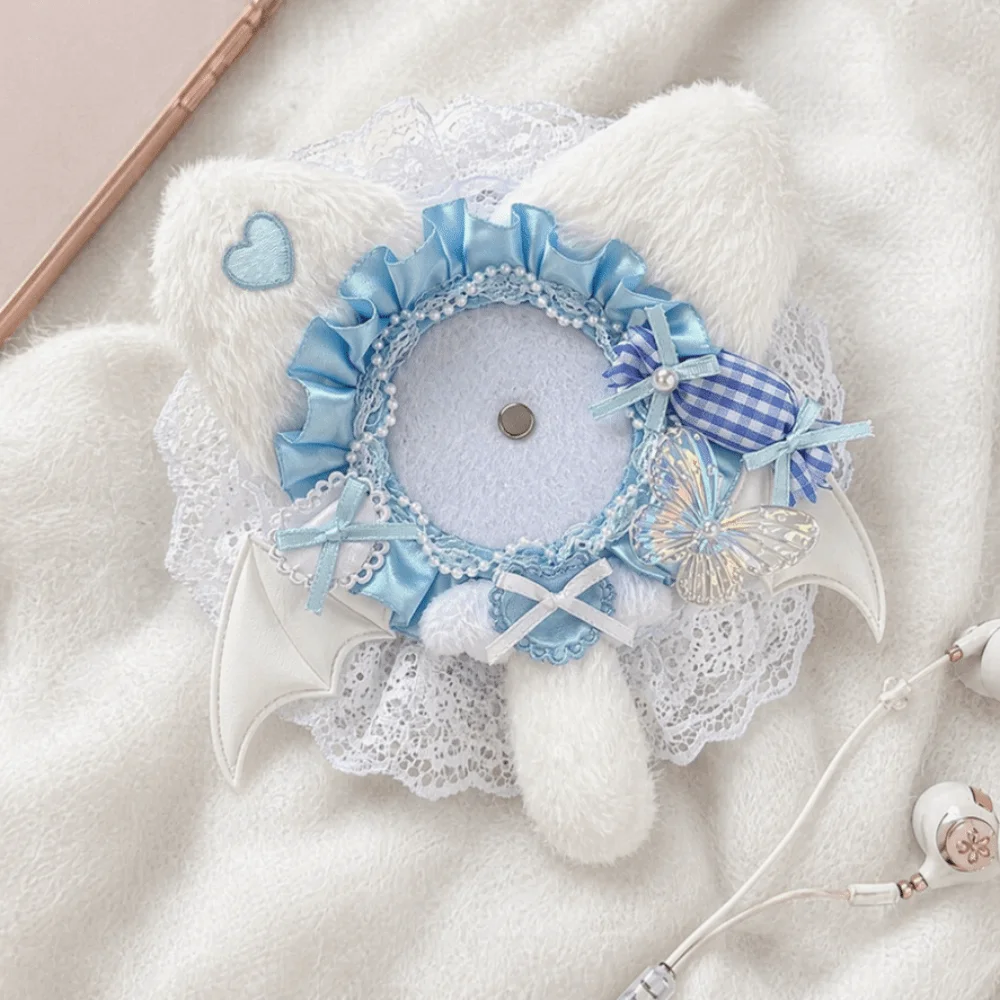 Lightweight Cat-Ear Shape Badge Display Case Lace Edged Heart Accent Badge Holder Soft Bow Design Can Badge Cover Ita Bag
