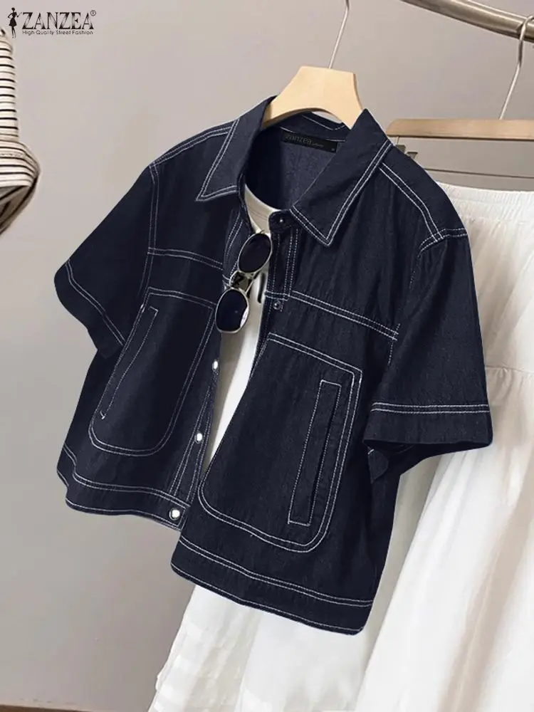 

ZANZEA Women's Denim-Like Contrast-Stitch Shirts Fashion Turn-Down Collar Short Sleeve Button Up Shirt Woman Tops Streetwear 3XL