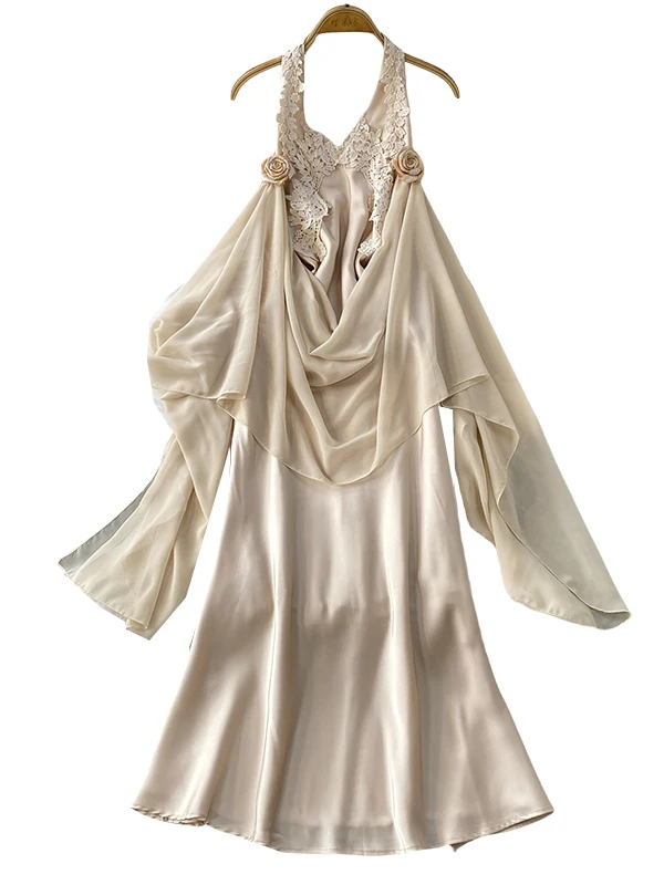 우아한 3D 플로럴 레이스 헤비 자수 V넥 모닝 로브 드레스 여성 여름 고급 새틴 드레스 한국 스타일 A라인 스커트